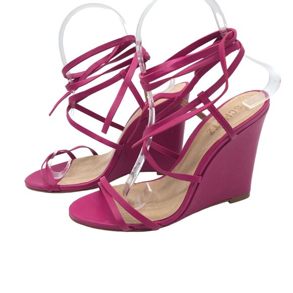 Schutz Deonne Strappy Fuchsia Wedge Leather Sandals Ankle Strap Size 7 B - Picture 3 of 10